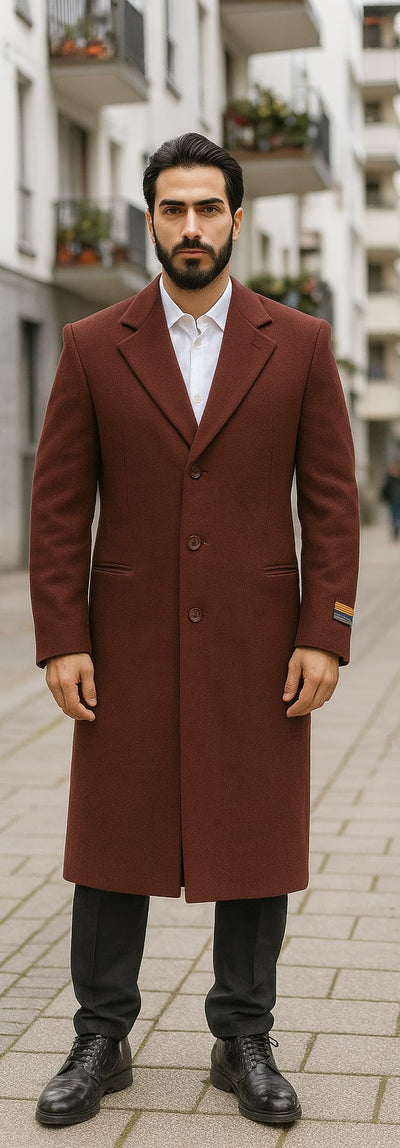 Men's Dress Coat Full Length Wool Dress Top Coat / Overcoat in Burgundy Overcoat