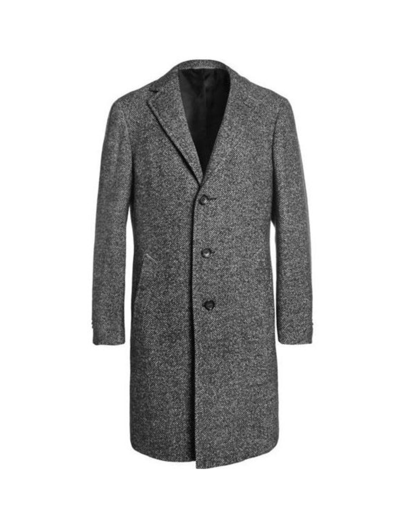 Men's Dress Coat Tweed ~ Herringbone 3 Button Grey Long Men's Dress Topcoat - Winter Coat Full Length Overcoat - Coat Size 38