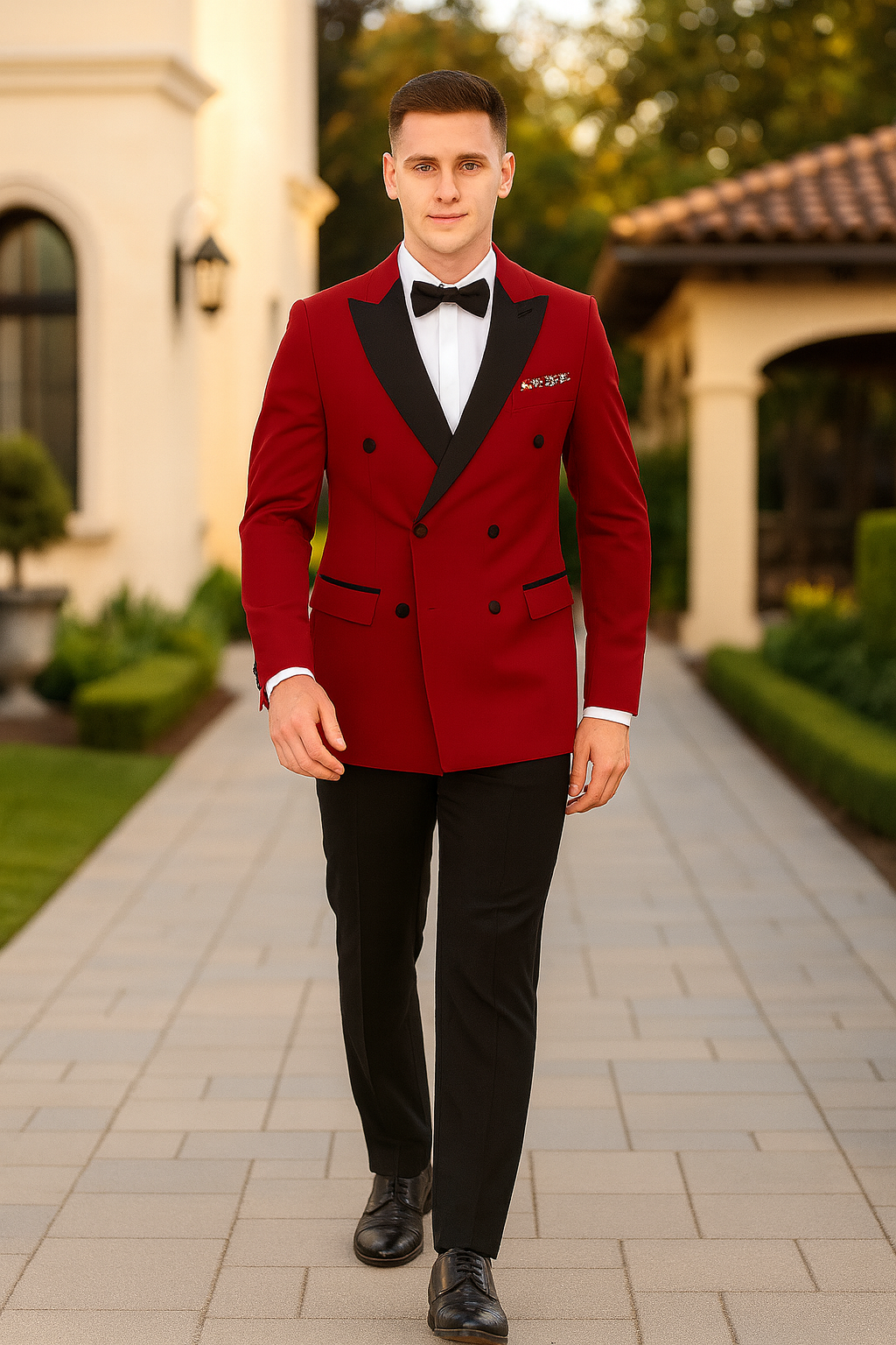 Double Breasted Tuxedo - Velvet Dinner Jacket with Pants in Color Red - Coat Size 38