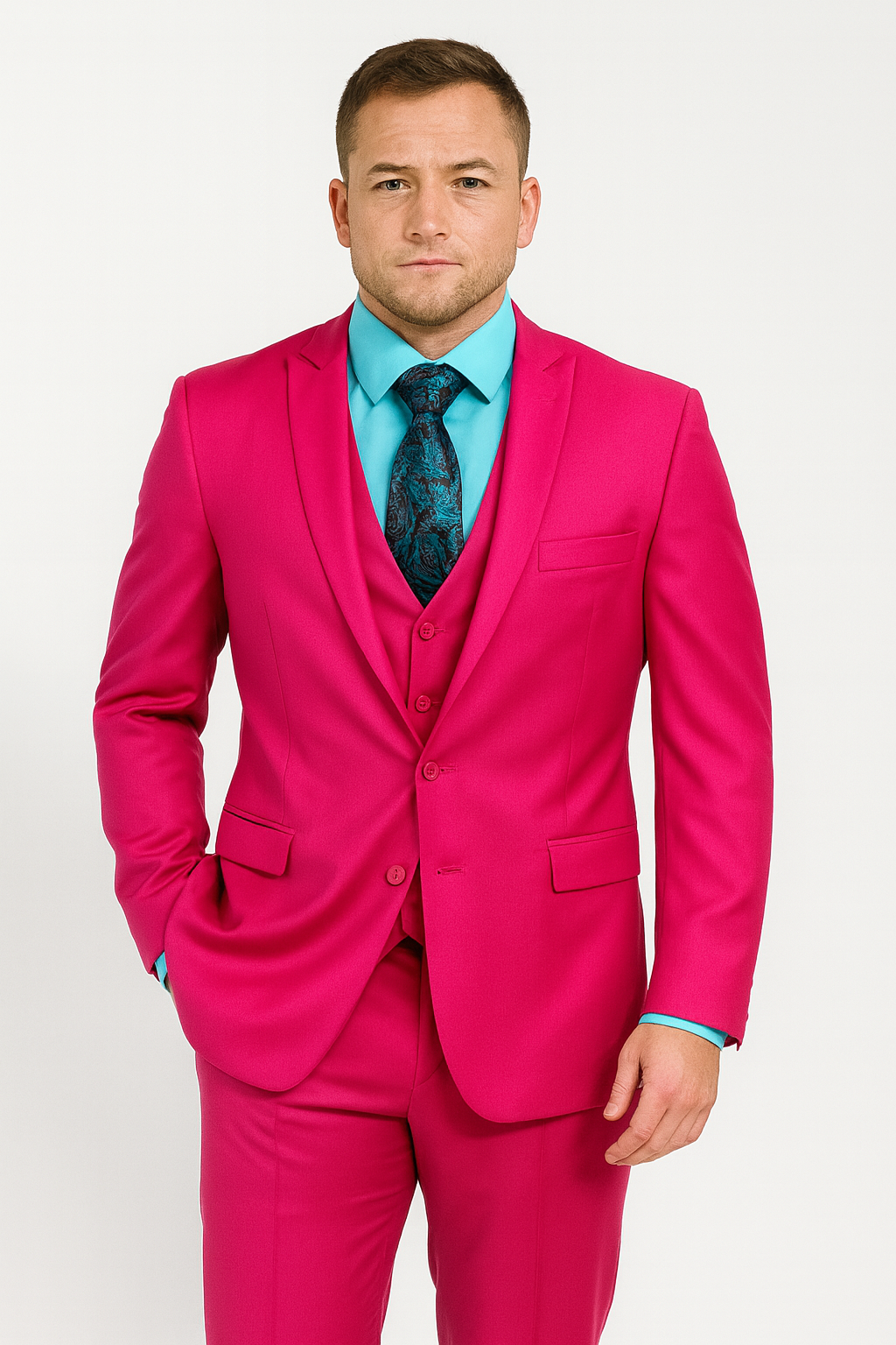 Men's Fuchsia Hot Pink Color 2 Buttons Suit Vested Slim Fit Suit - 58R