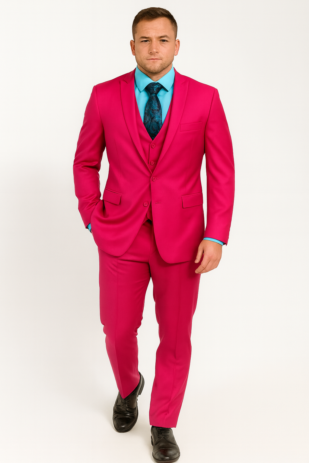 Men's Fuchsia Hot Pink Color 2 Buttons Suit Vested Slim Fit Suit - 58R
