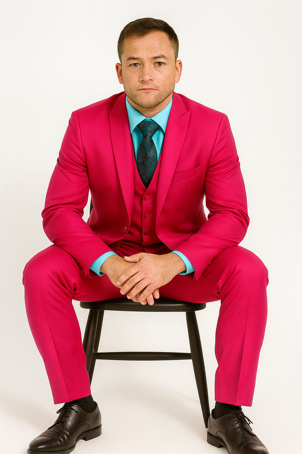 Men's Fuchsia Hot Pink Color 2 Buttons Suit Vested Slim Fit Suit - 58R