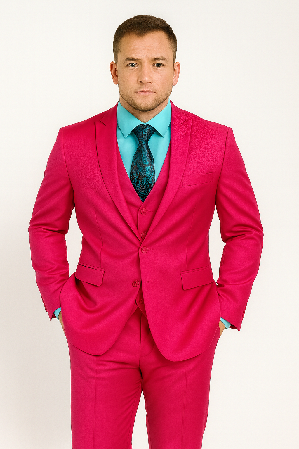 Men's Fuchsia Hot Pink Color 2 Buttons Suit Vested Slim Fit Suit - 58R