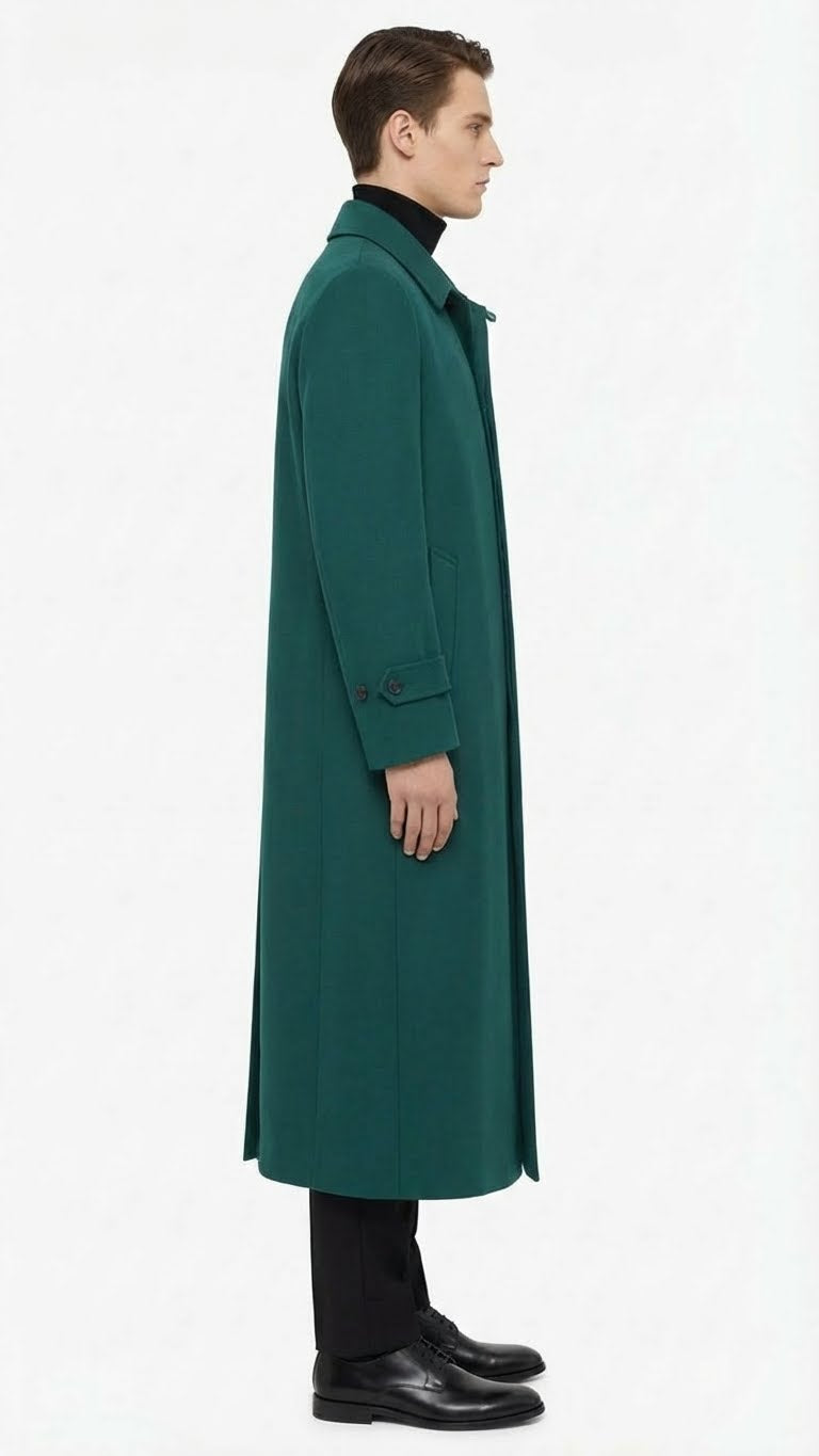 Men’s Full-Length Green Overcoat – Microfiber Blend for Winter Maxi Duster Coat - 34 Short