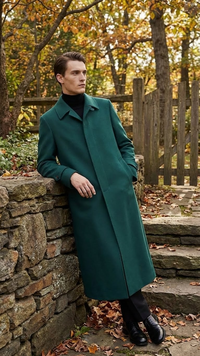 Men’s Full-Length Green Overcoat – Microfiber Blend for Winter Maxi Duster Coat - 34 Short