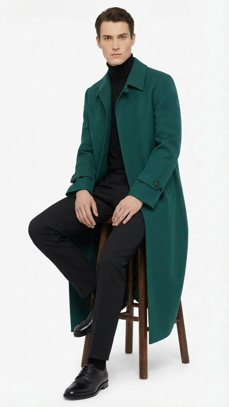 Men’s Full-Length Green Overcoat – Microfiber Blend for Winter Maxi Duster Coat - 34 Short
