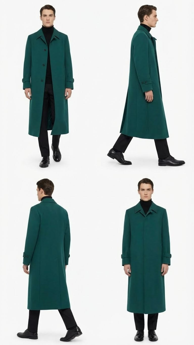 Men’s Full-Length Green Overcoat – Microfiber Blend for Winter Maxi Duster Coat - 34 Short