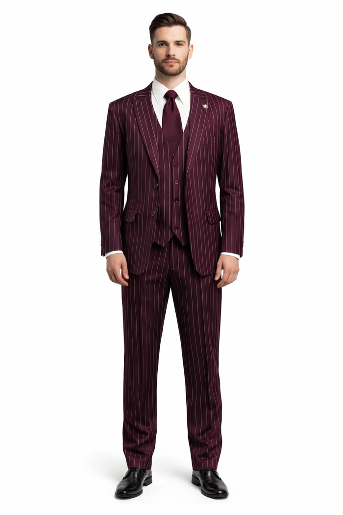 Men's Gangster Bold PinStripe Stripe Chalk Pinstripe Vested 3 Piece Fashion Suit 1920;s 30s Fashion in 10 Colors