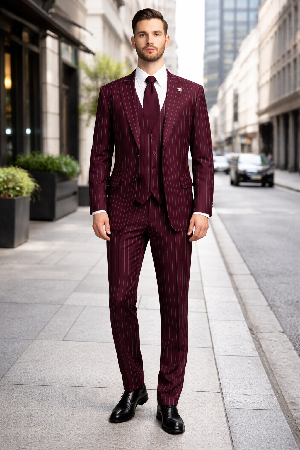 Men's Gangster Bold PinStripe Stripe Chalk Pinstripe Vested 3 Piece Fashion Suit 1920;s 30s Fashion in 10 Colors - 38 Short Jacket+32 Waist Adjustable 28to34)(Height: 5’4”to5’7”)(Neck 15-16.5)S-M)