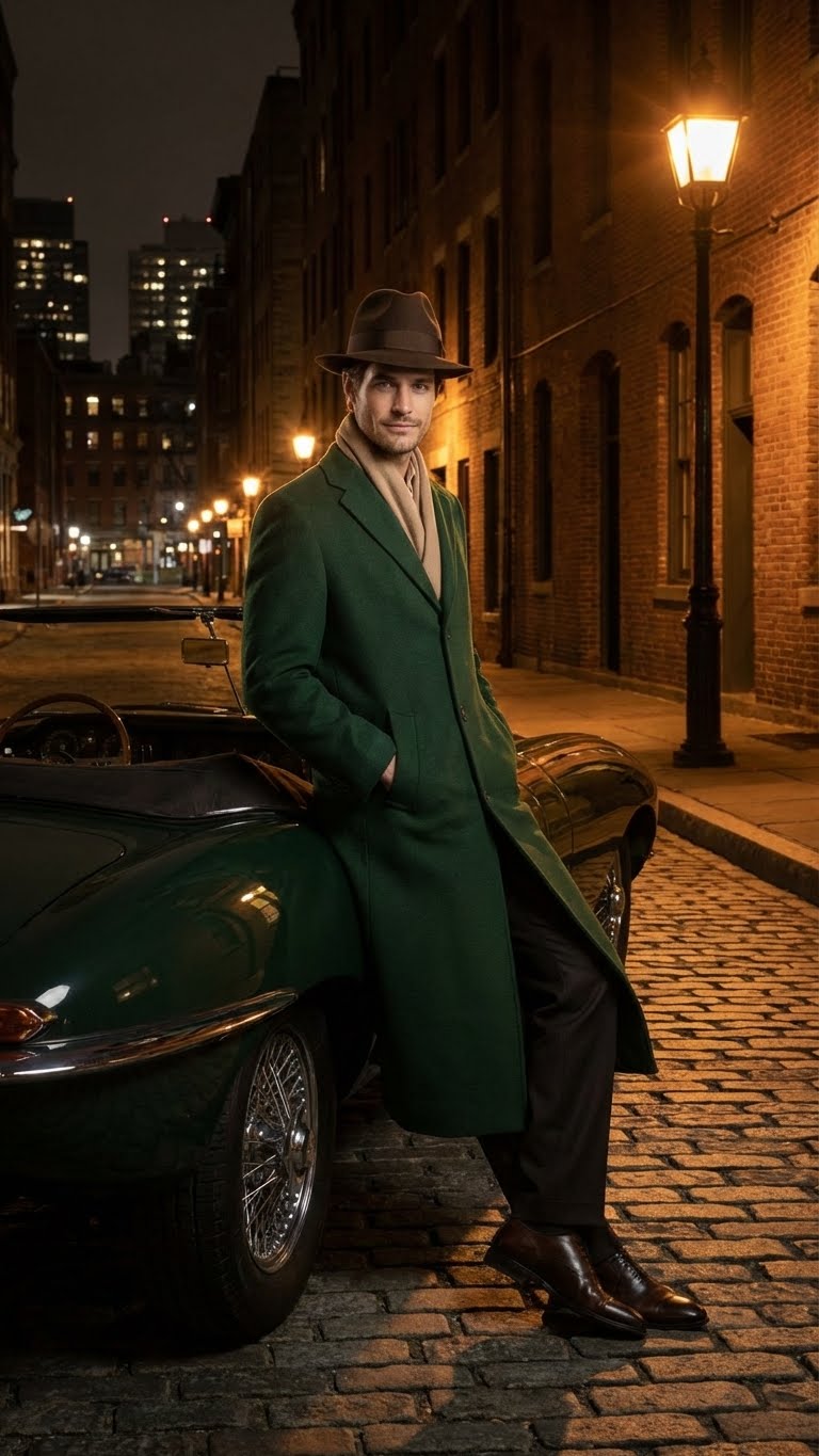 Men’s Hunter Green Full-Length Wool Overcoat – Classic Winter Dress Coat for Formal and Everyday Wear - 34 Short