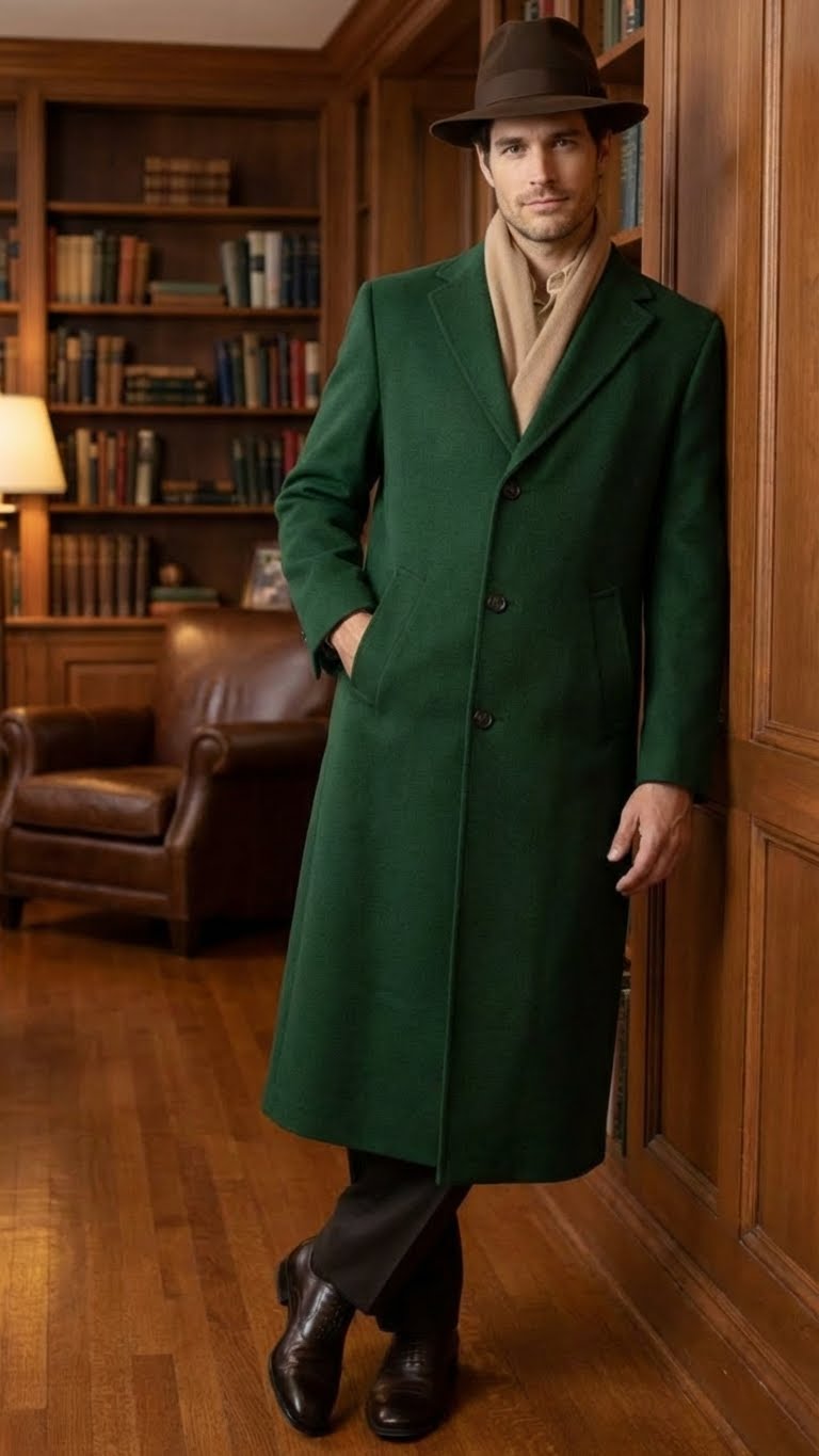Men’s Hunter Green Full-Length Wool Overcoat – Classic Winter Dress Coat for Formal and Everyday Wear - 34 Short