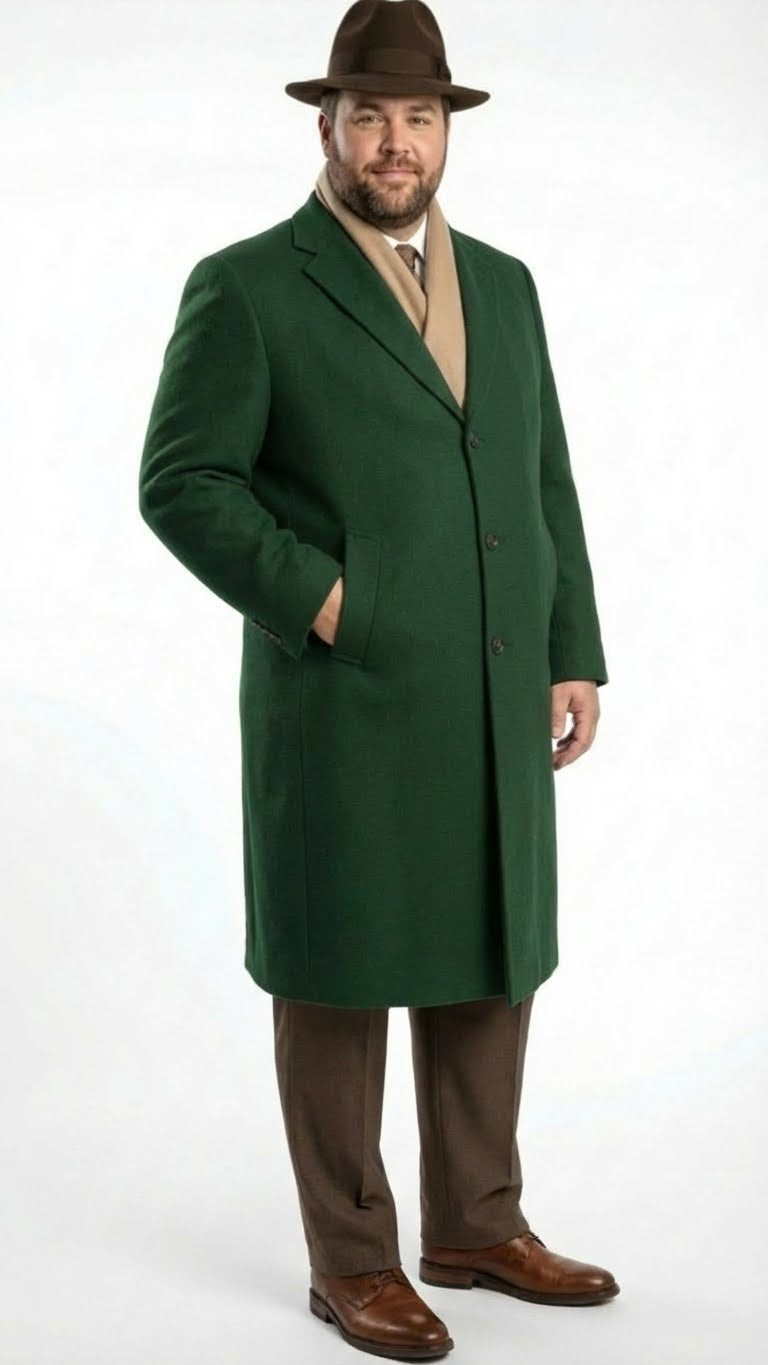 Men’s Hunter Green Full-Length Wool Overcoat – Classic Winter Dress Coat for Formal and Everyday Wear - 34 Short