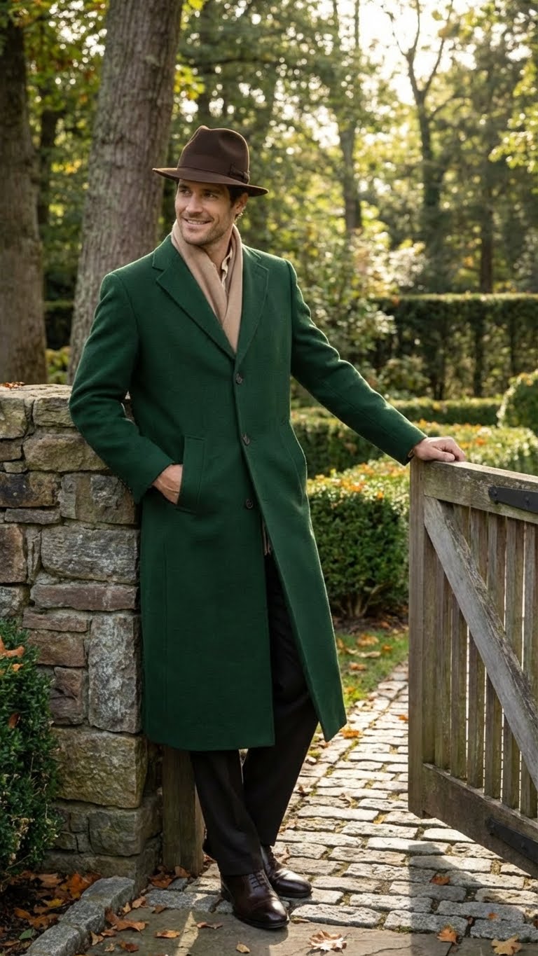 Men’s Hunter Green Full-Length Wool Overcoat – Classic Winter Dress Coat for Formal and Everyday Wear - 34 Short