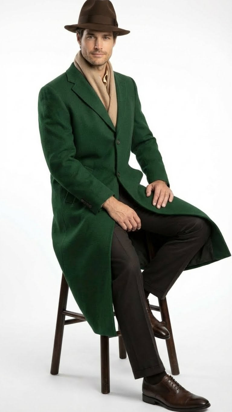 Men’s Hunter Green Full-Length Wool Overcoat – Classic Winter Dress Coat for Formal and Everyday Wear - 34 Short