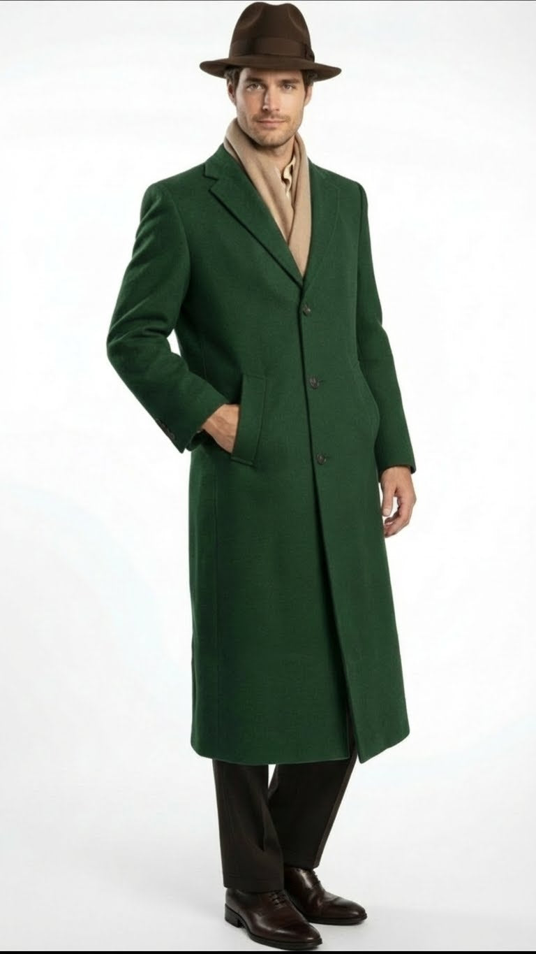 Men’s Hunter Green Full-Length Wool Overcoat – Classic Winter Dress Coat for Formal and Everyday Wear - 34 Short