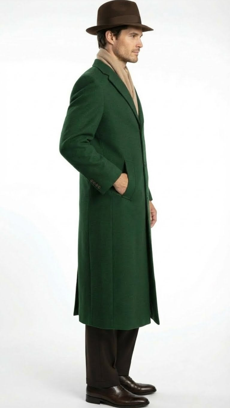 Men’s Hunter Green Full-Length Wool Overcoat – Classic Winter Dress Coat for Formal and Everyday Wear - 34 Short