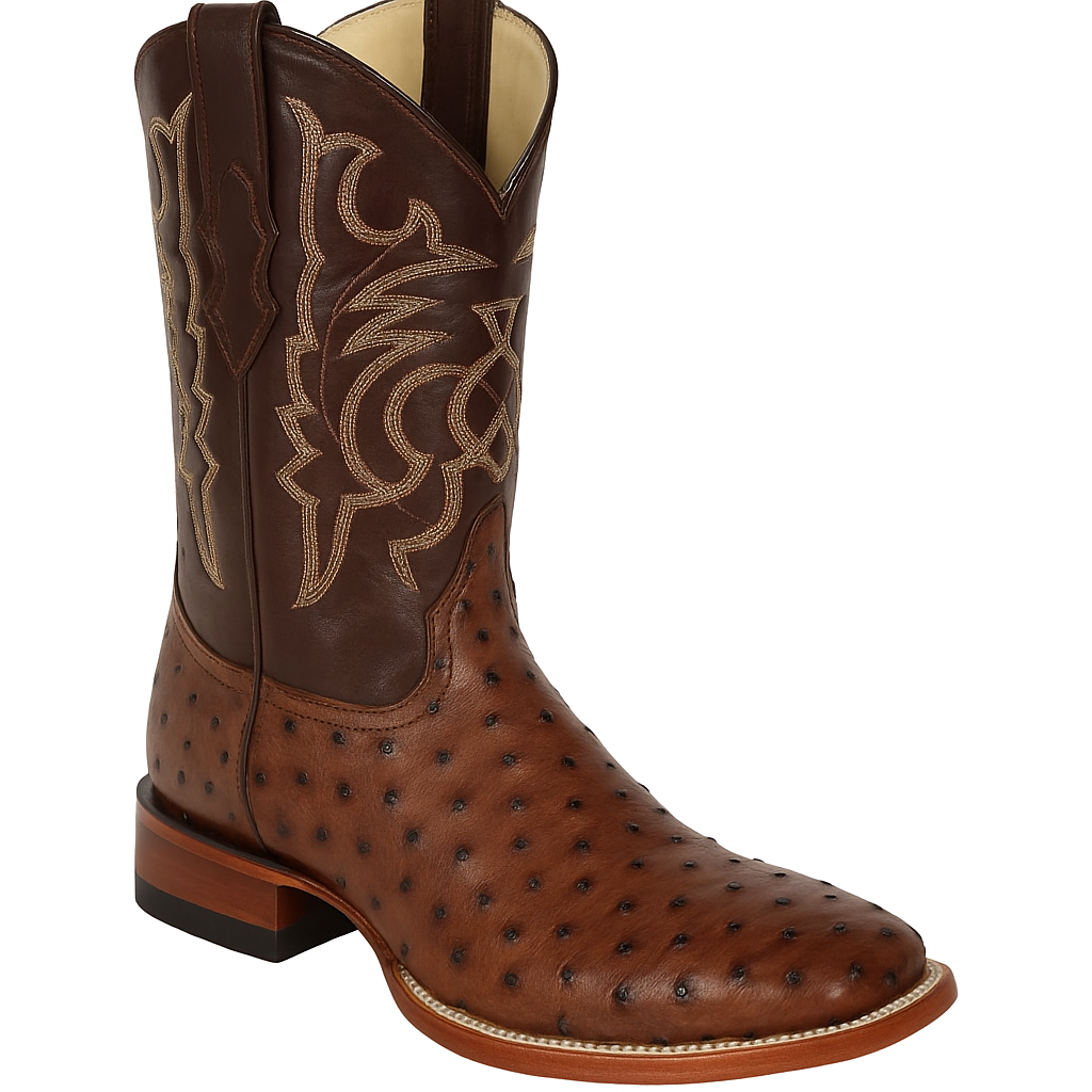 Men's Los Altos Ostrich Skin Wide Square Toe Boots - B-New Designer Collection - Amber