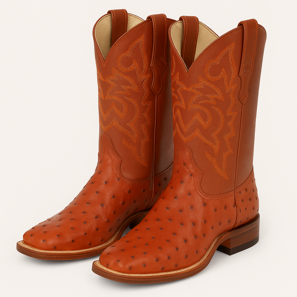 Men's Los Altos Ostrich Skin Wide Square Toe Boots - B-New Designer Collection - Amber