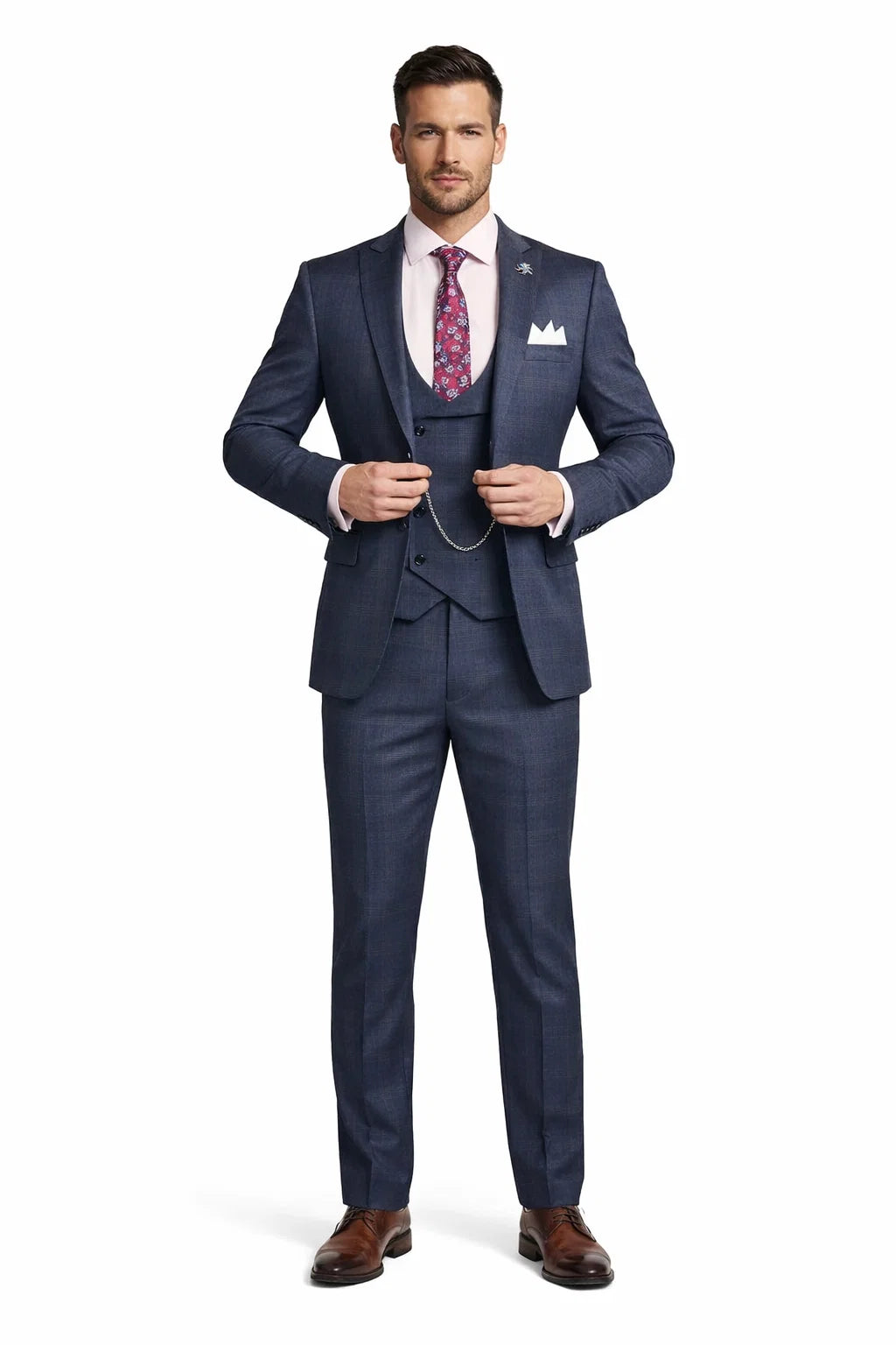 Men’s Navy Blue Plaid Slim Fit 3-Piece Suit – Two Button Vintage Style with Vest - 38 Short Jacket+32 Waist Adjustable 28to34)(Height: 5 4 to5 7 )(Neck  15-16.5)S-M)