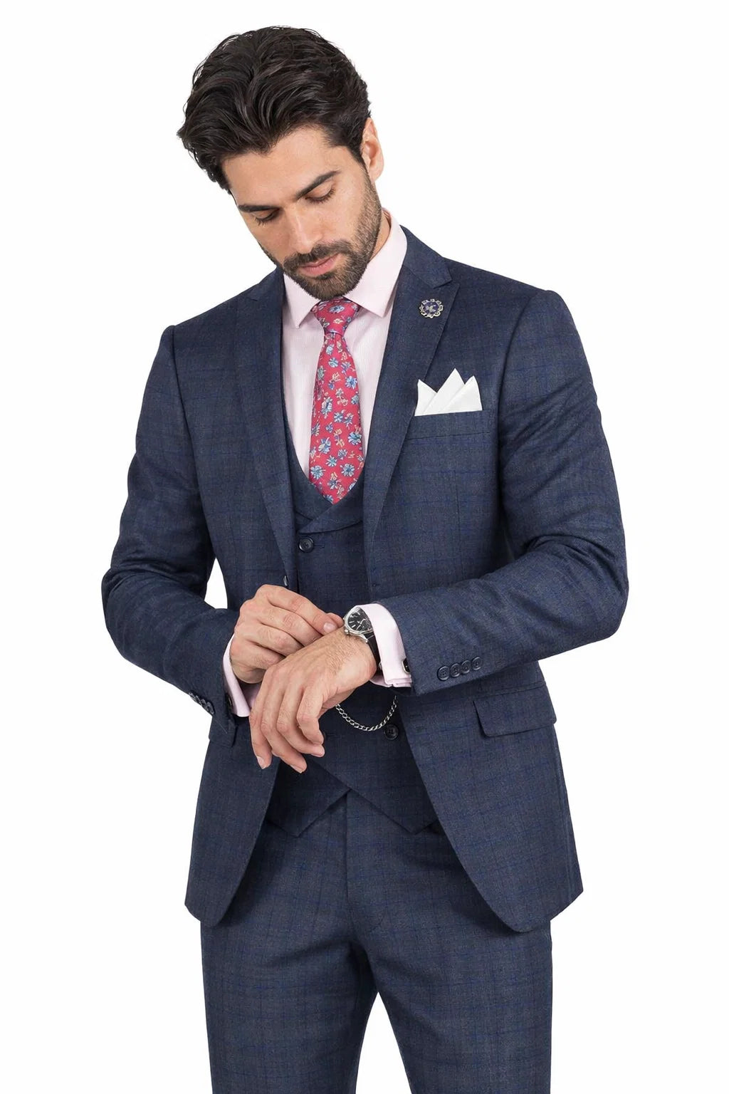 Men’s Navy Blue Plaid Slim Fit 3-Piece Suit – Two Button Vintage Style with Vest - 38 Short Jacket+32 Waist Adjustable 28to34)(Height: 5 4 to5 7 )(Neck  15-16.5)S-M)
