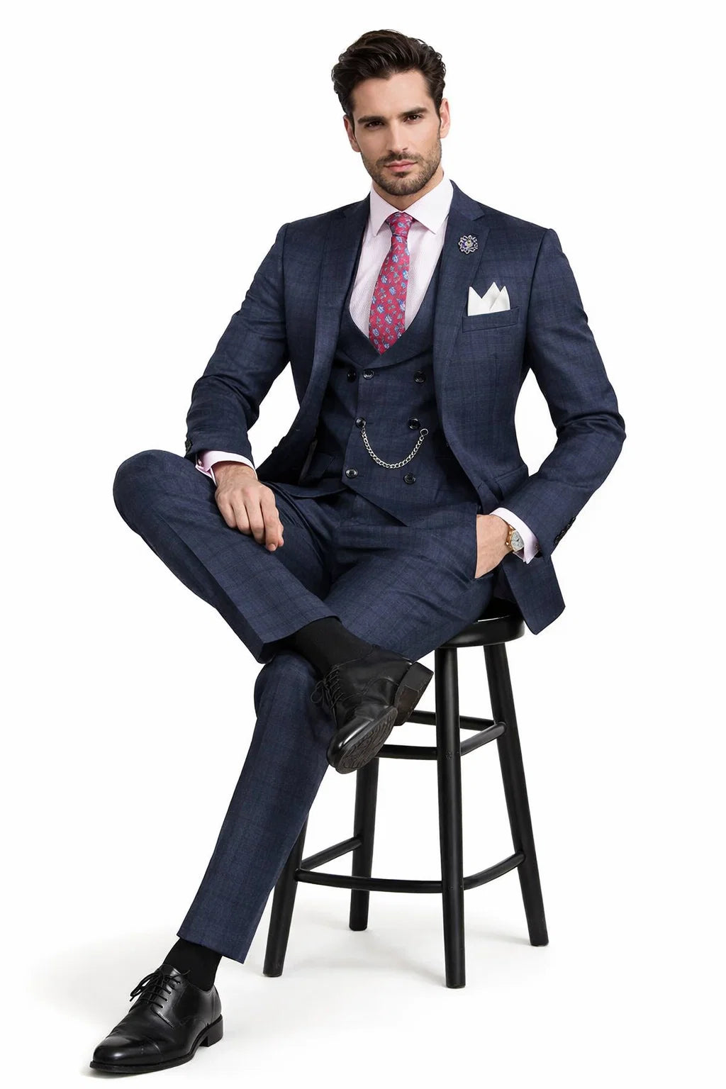 Men’s Navy Blue Plaid Slim Fit 3-Piece Suit – Two Button Vintage Style with Vest - 38 Short Jacket+32 Waist Adjustable 28to34)(Height: 5 4 to5 7 )(Neck  15-16.5)S-M)