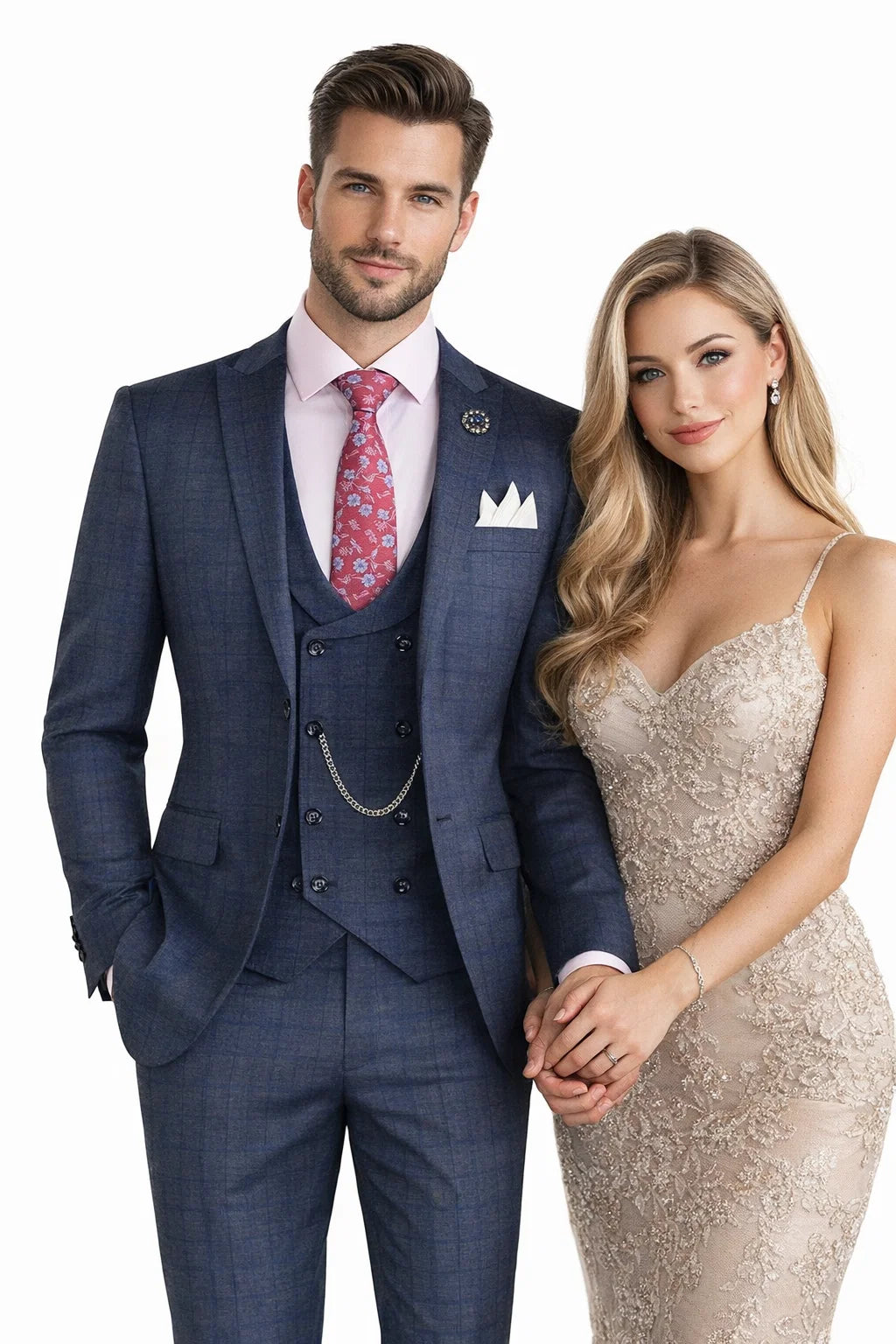 Men’s Navy Blue Plaid Slim Fit 3-Piece Suit – Two Button Vintage Style with Vest - 38 Short Jacket+32 Waist Adjustable 28to34)(Height: 5 4 to5 7 )(Neck  15-16.5)S-M)