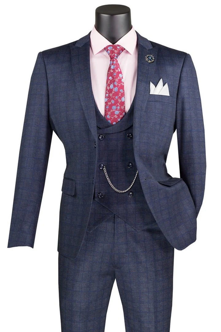 Men’s Navy Blue Plaid Slim Fit 3-Piece Suit – Two Button Vintage Style with Vest - 38 Short Jacket+32 Waist Adjustable 28to34)(Height: 5 4 to5 7 )(Neck  15-16.5)S-M)