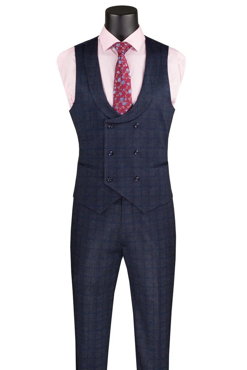 Men’s Navy Blue Plaid Slim Fit 3-Piece Suit – Two Button Vintage Style with Vest - 38 Short Jacket+32 Waist Adjustable 28to34)(Height: 5 4 to5 7 )(Neck  15-16.5)S-M)
