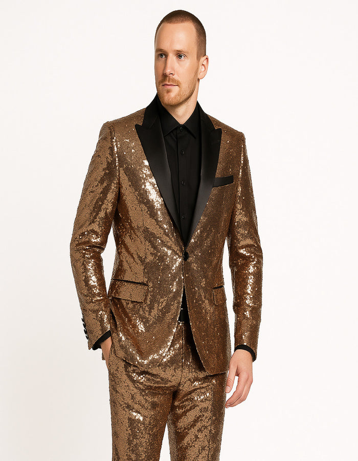 Men's Rose Gold Sequin Tuxedo Suit with Black Satin Lapel â€“ Luxury Slim Fit Blazer for Parties and Events