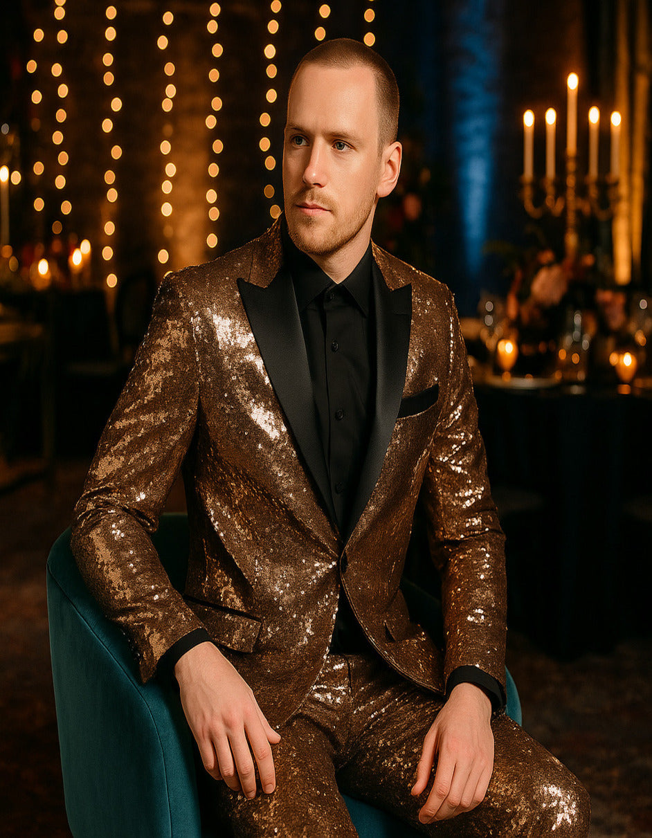 Men's Rose Gold Sequin Tuxedo Suit with Black Satin Lapel â€“ Luxury Slim Fit Blazer for Parties and Events - 34 Short or Extra Small