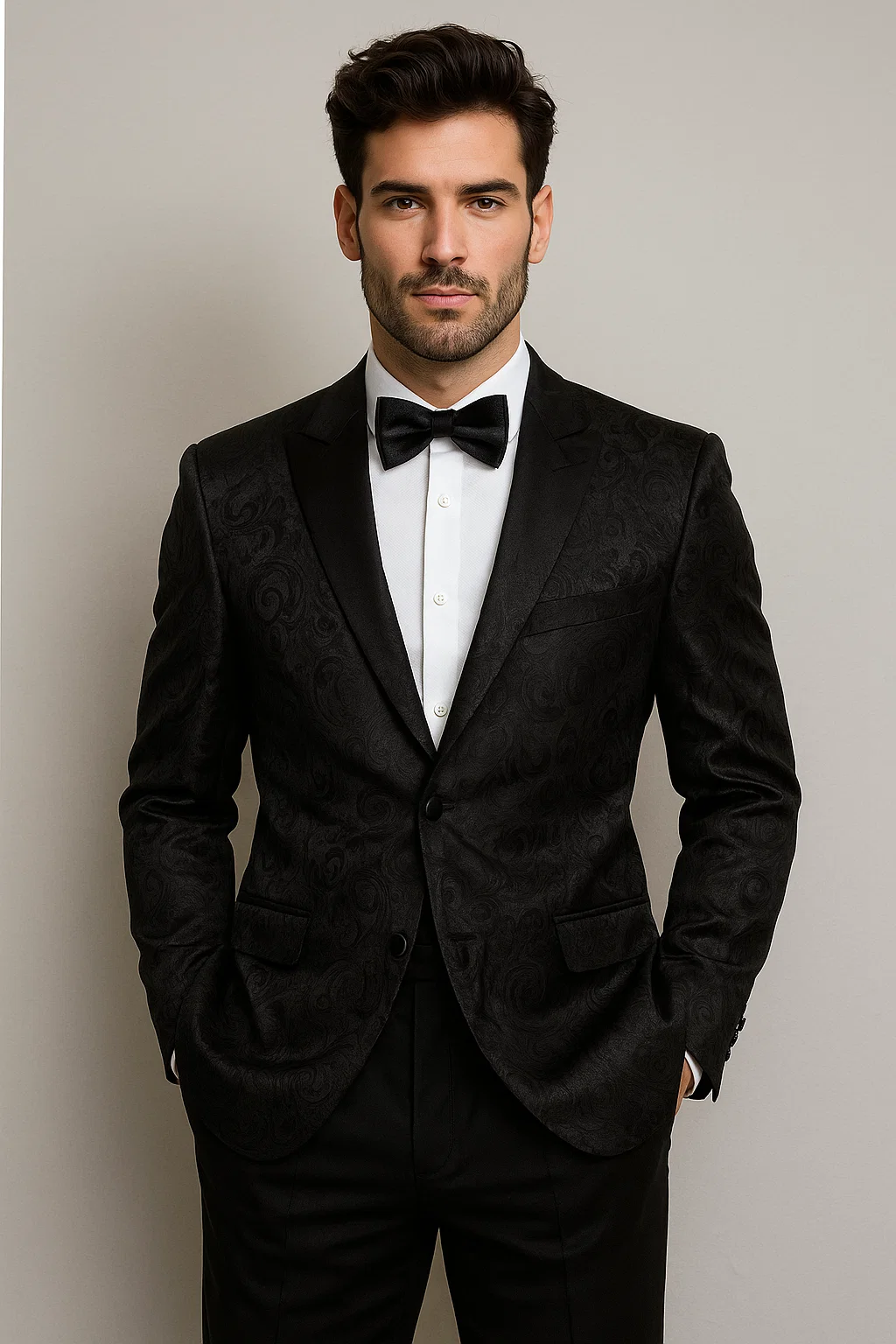 Men's Shiny 2 Buttons Notch Collar Floral Paisley Formal Black Blazer - S or Small