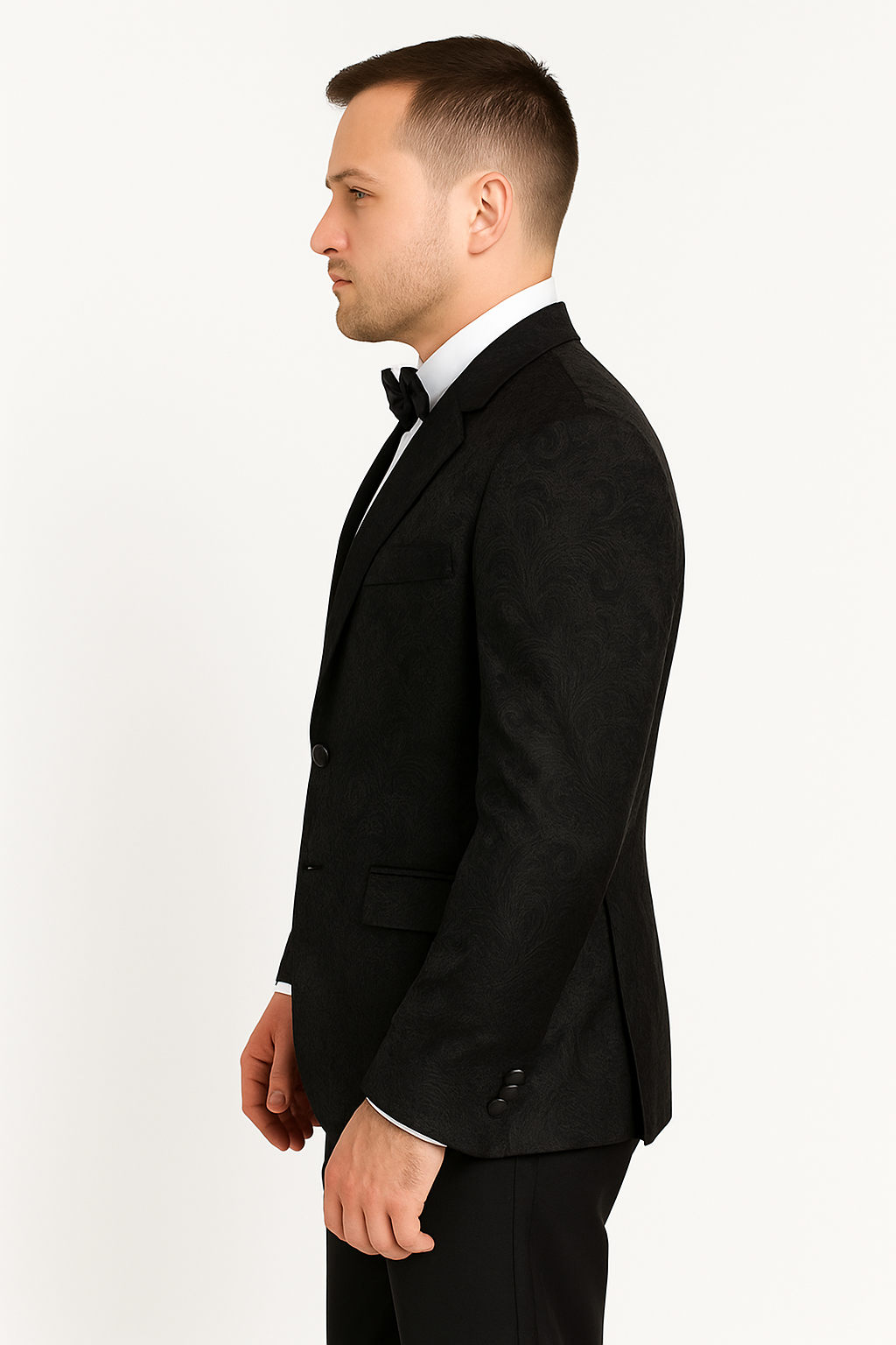Men's Shiny 2 Buttons Notch Collar Floral Paisley Formal Black Blazer - S or Small