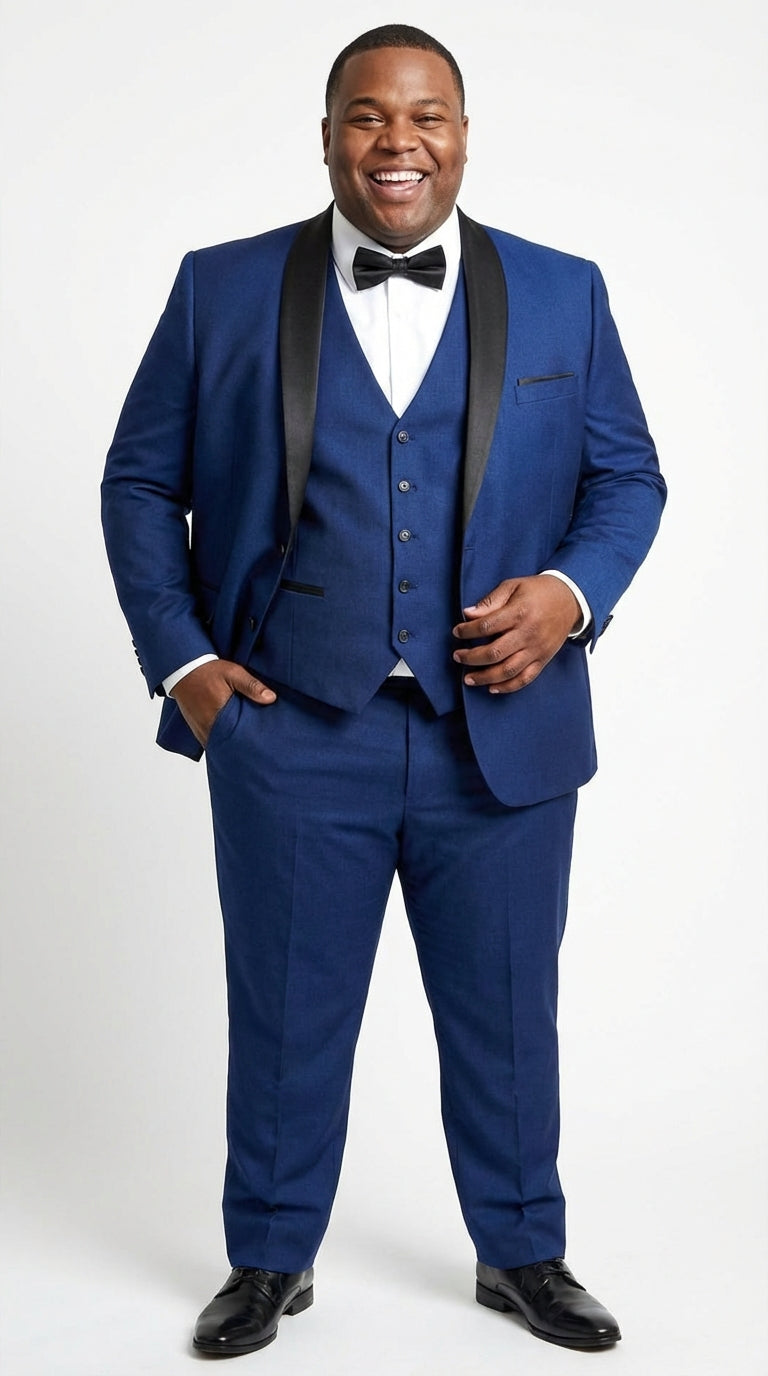 Men’s Shiny Sharkskin Saphire Royal Blue Tuxedo 3 Piece Suit with Black Shawl Lapel | Formal Wedding Prom Suit Shiny Fabric - 38 Short Jacket+32 Waist Adjustable 28to34)(Height: 5 4 to5 7 )(Neck  15-16.5)S-M)