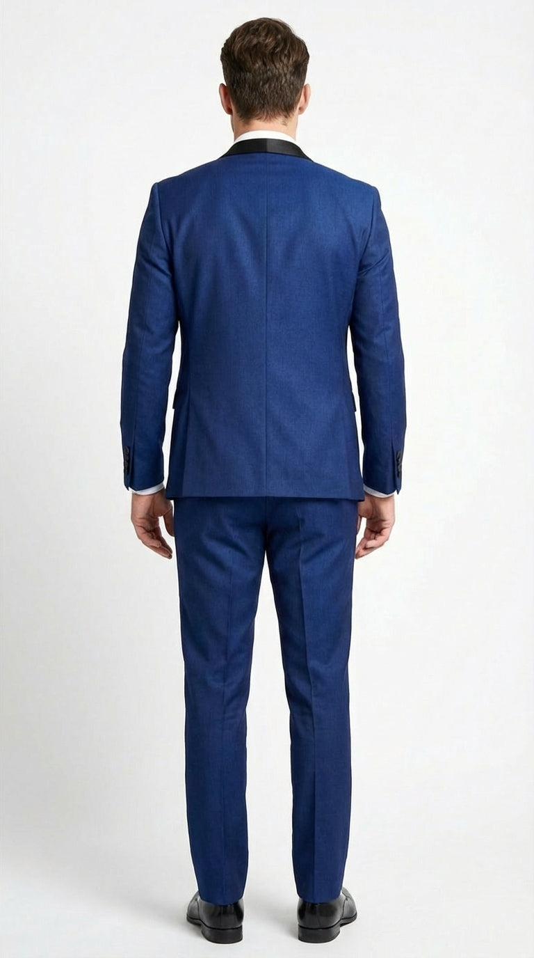 Men’s Shiny Sharkskin Saphire Royal Blue Tuxedo 3 Piece Suit with Black Shawl Lapel | Formal Wedding Prom Suit Shiny Fabric - 38 Short Jacket+32 Waist Adjustable 28to34)(Height: 5 4 to5 7 )(Neck  15-16.5)S-M)