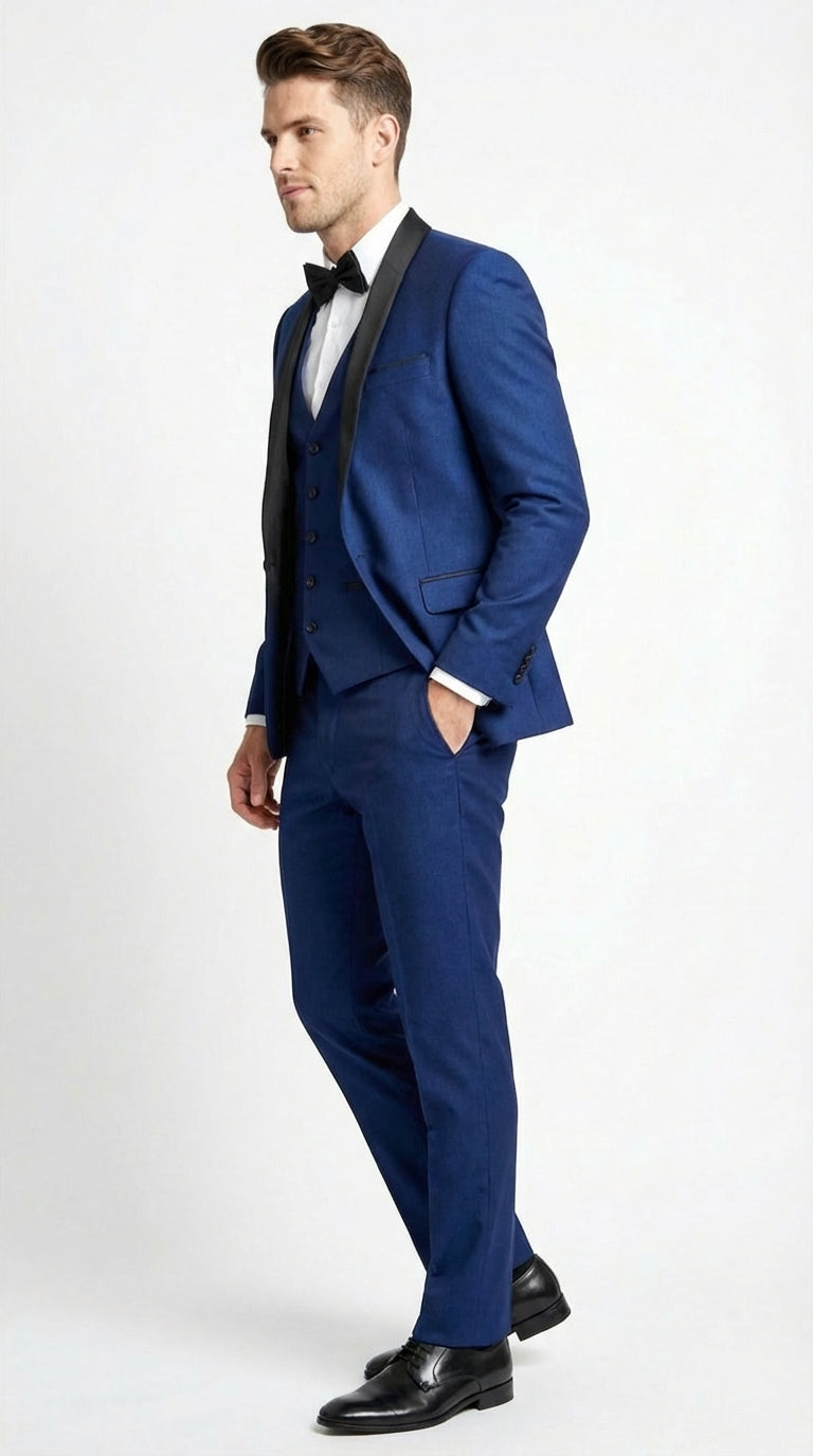 Men’s Shiny Sharkskin Saphire Royal Blue Tuxedo 3 Piece Suit with Black Shawl Lapel | Formal Wedding Prom Suit Shiny Fabric - 38 Short Jacket+32 Waist Adjustable 28to34)(Height: 5 4 to5 7 )(Neck  15-16.5)S-M)