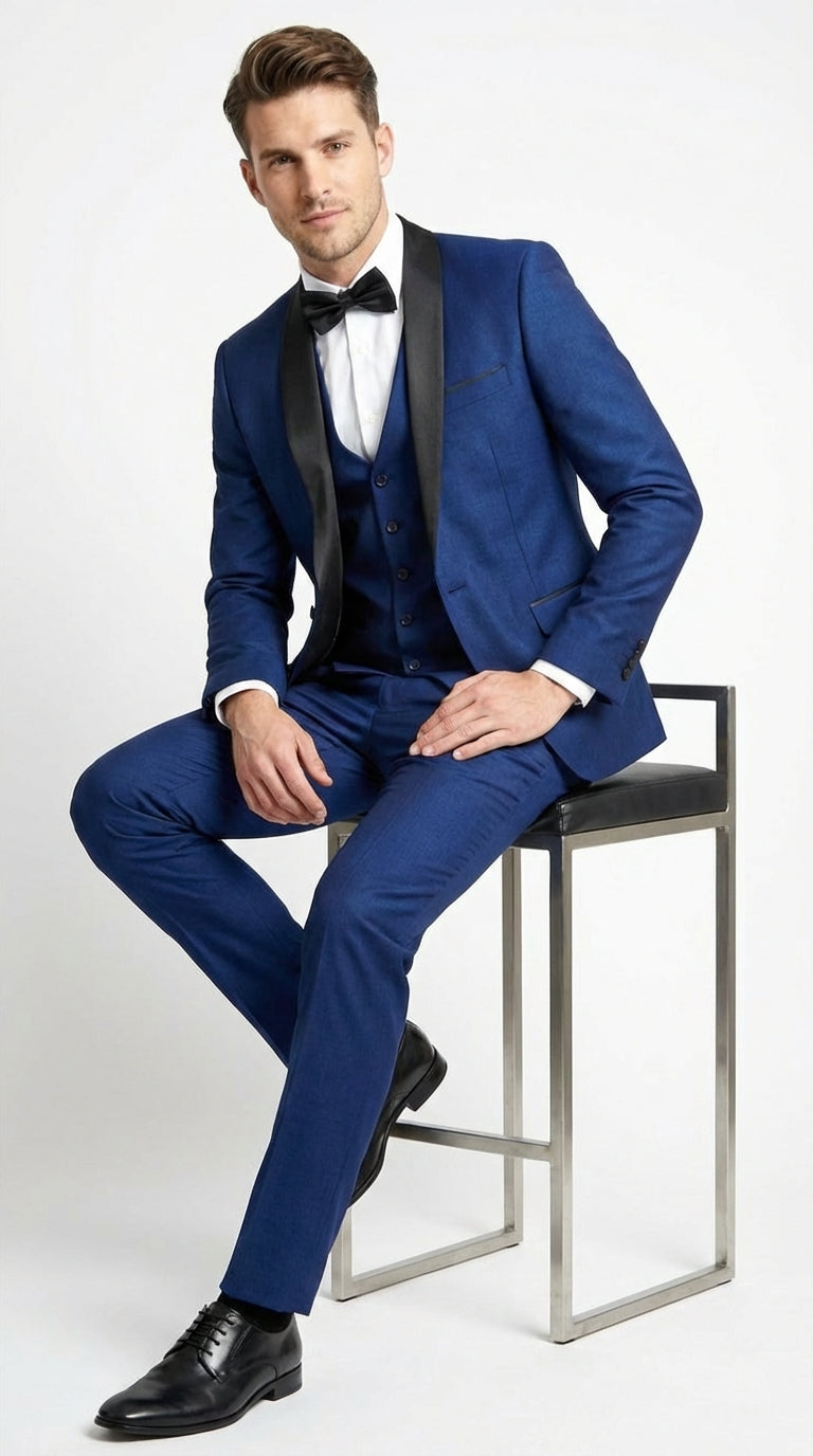 Men’s Shiny Sharkskin Saphire Royal Blue Tuxedo 3 Piece Suit with Black Shawl Lapel | Formal Wedding Prom Suit Shiny Fabric - 38 Short Jacket+32 Waist Adjustable 28to34)(Height: 5 4 to5 7 )(Neck  15-16.5)S-M)