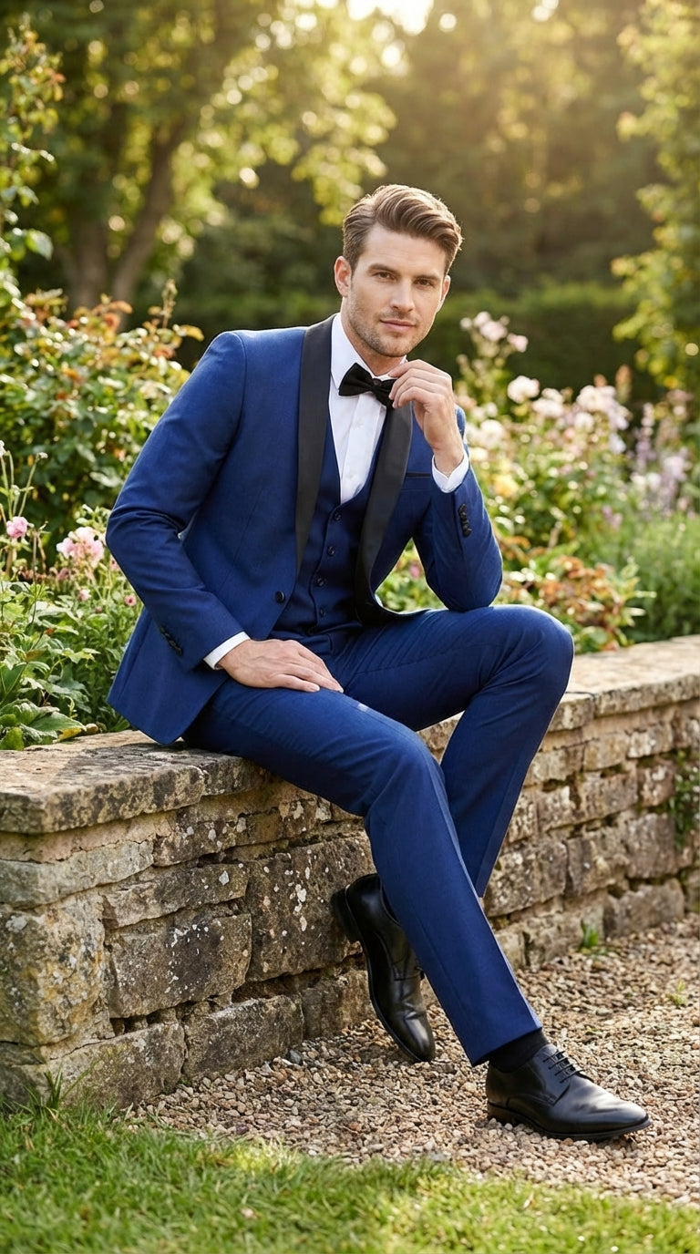 Men’s Shiny Sharkskin Saphire Royal Blue Tuxedo 3 Piece Suit with Black Shawl Lapel | Formal Wedding Prom Suit Shiny Fabric - 38 Short Jacket+32 Waist Adjustable 28to34)(Height: 5 4 to5 7 )(Neck  15-16.5)S-M)