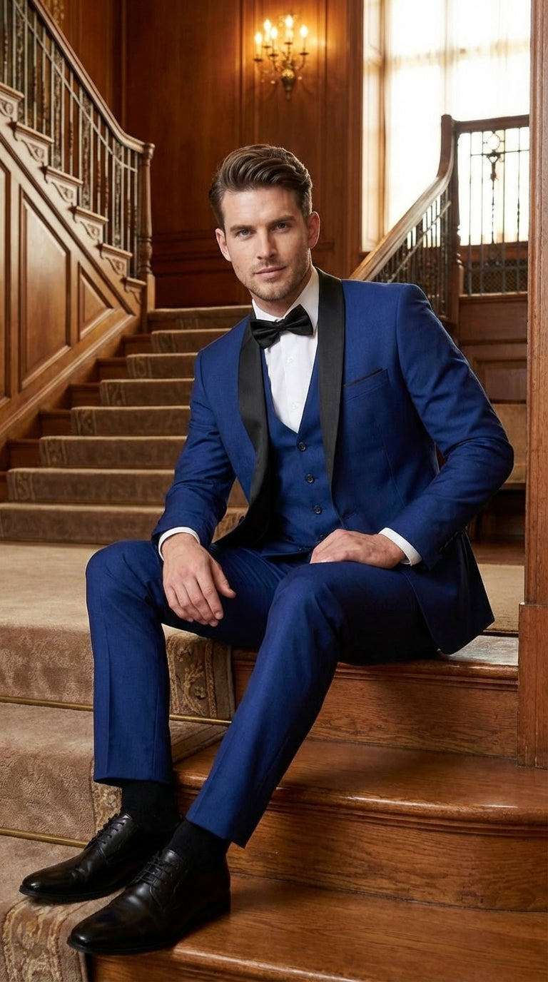 Men’s Shiny Sharkskin Saphire Royal Blue Tuxedo 3 Piece Suit with Black Shawl Lapel | Formal Wedding Prom Suit Shiny Fabric - 38 Short Jacket+32 Waist Adjustable 28to34)(Height: 5 4 to5 7 )(Neck  15-16.5)S-M)