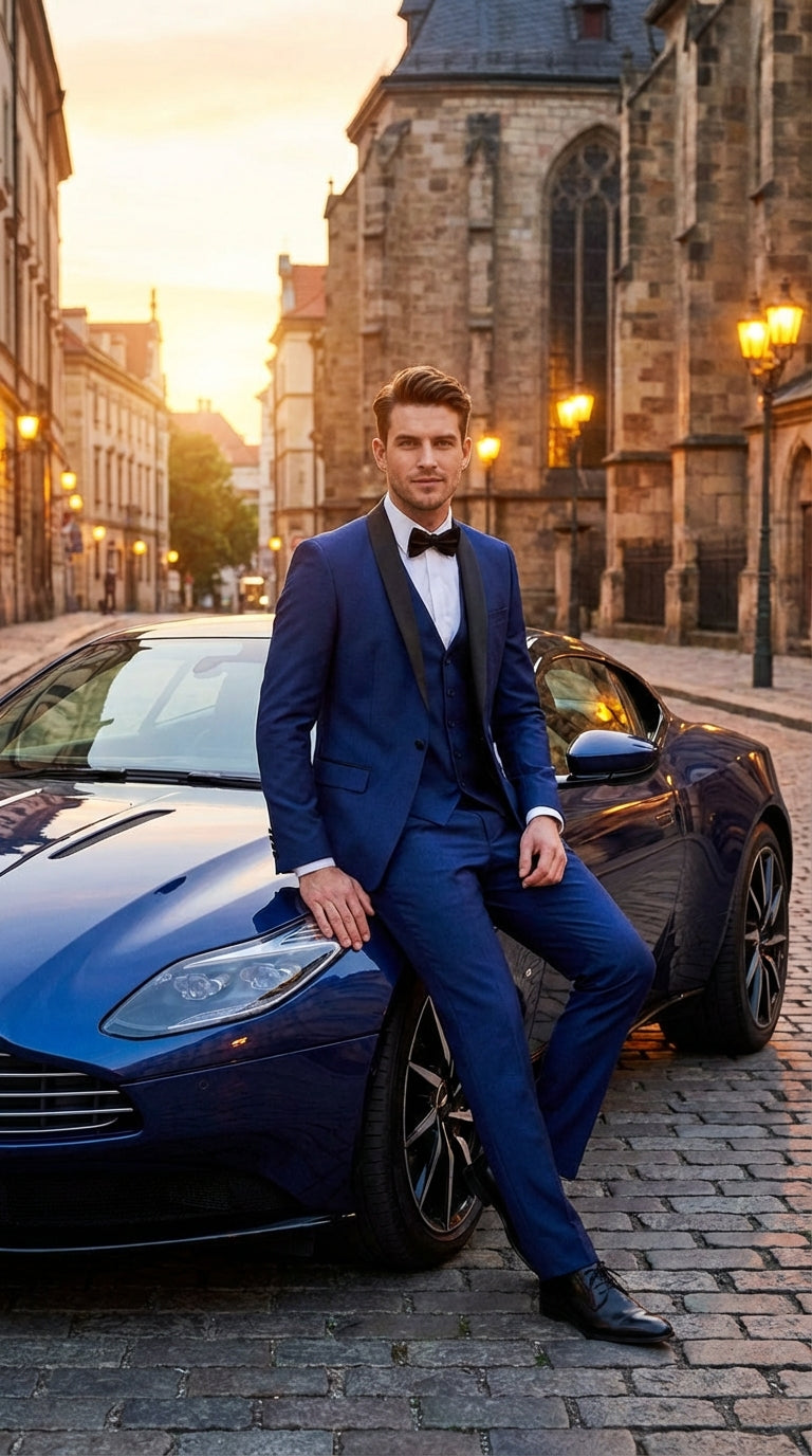 Men’s Shiny Sharkskin Saphire Royal Blue Tuxedo 3 Piece Suit with Black Shawl Lapel | Formal Wedding Prom Suit Shiny Fabric - 38 Short Jacket+32 Waist Adjustable 28to34)(Height: 5 4 to5 7 )(Neck  15-16.5)S-M)