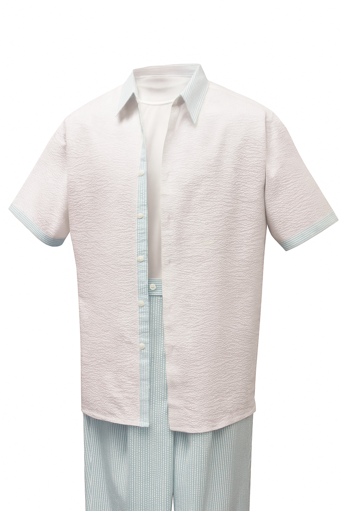 Mens Sky Blue Two-Piece Short Sleeve Shirt and Pants Set, Casual Summer Outfit