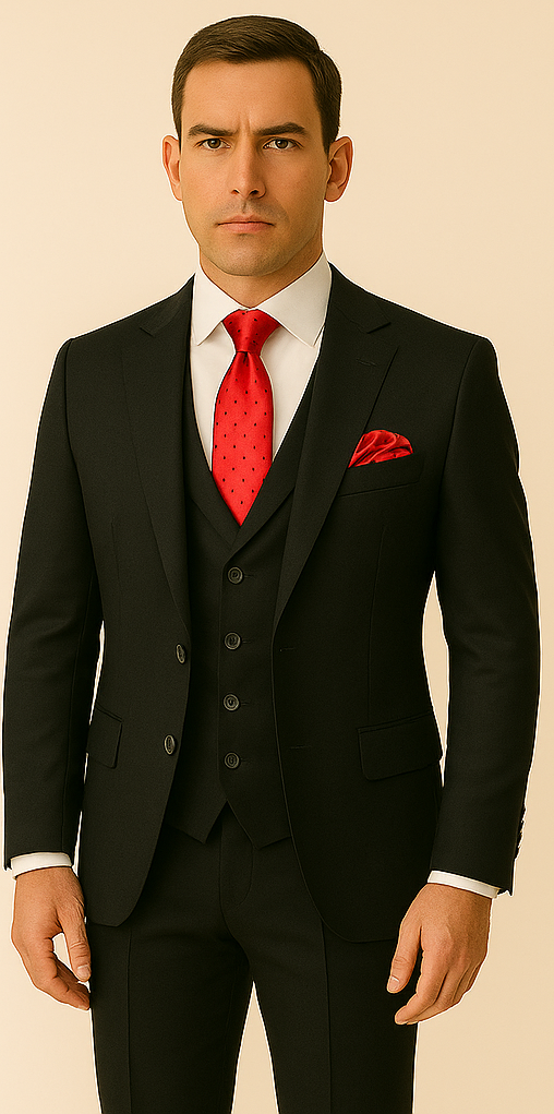 Rossi Man Men's Slim Fit Black Suit – Double-Breasted Vest, Elegant Formalwear