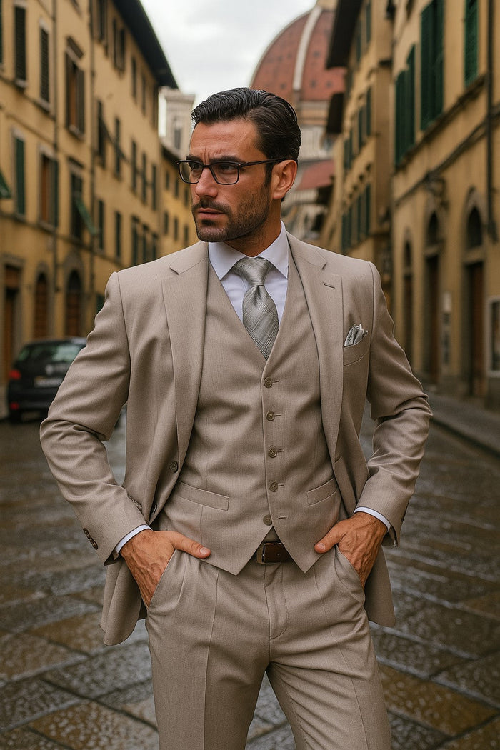 Men's Solid Sand Athletic Cut Classic Suits