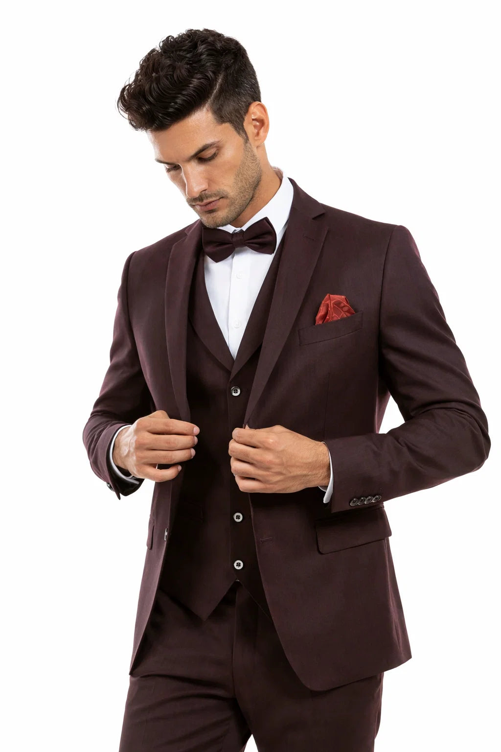 Men’s Two Button Vested Vintage Style Tweed Wedding Suit – Burgundy - 38 Short Jacket+32 Waist Adjustable 28to34)(Height: 5 4 to5 7 )(Neck  15-16.5)S-M)