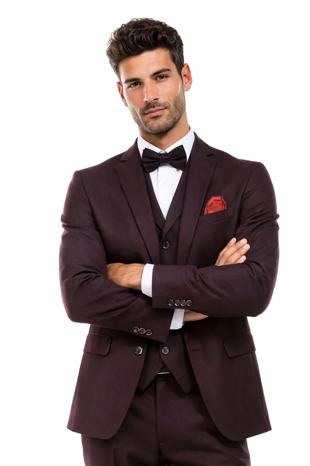 Men’s Two Button Vested Vintage Style Tweed Wedding Suit – Burgundy - 38 Short Jacket+32 Waist Adjustable 28to34)(Height: 5 4 to5 7 )(Neck  15-16.5)S-M)