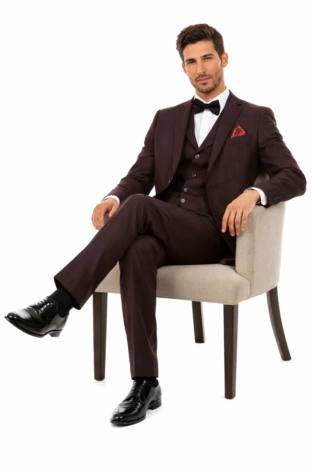 Men’s Two Button Vested Vintage Style Tweed Wedding Suit – Burgundy - 38 Short Jacket+32 Waist Adjustable 28to34)(Height: 5 4 to5 7 )(Neck  15-16.5)S-M)