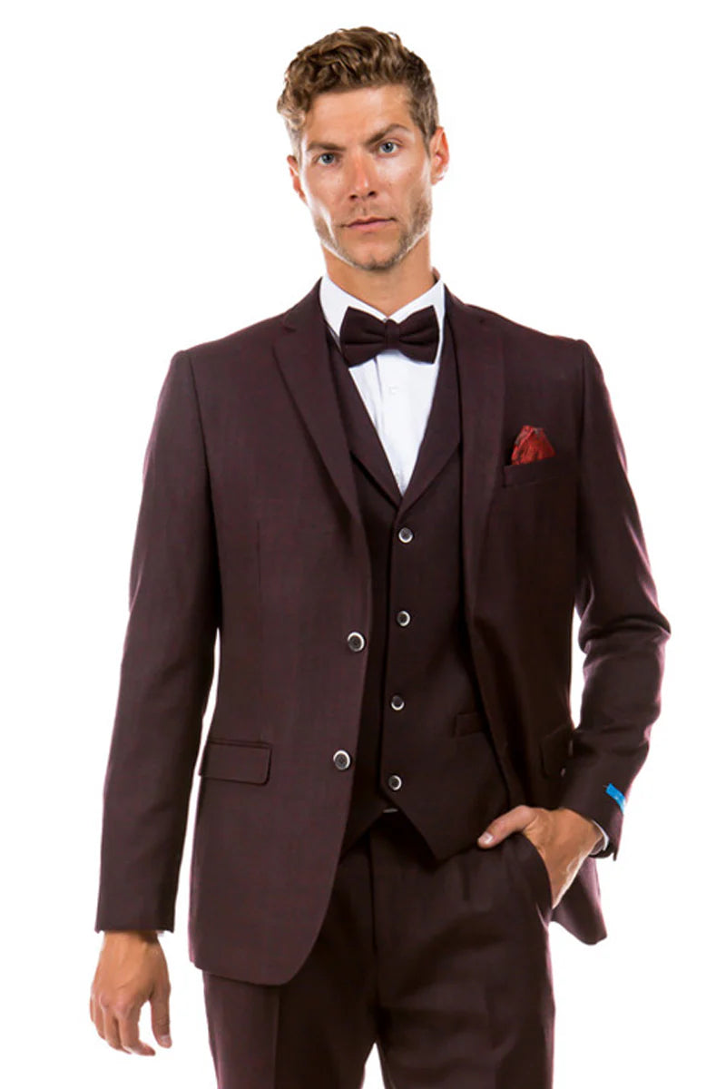 Men’s Two Button Vested Vintage Style Tweed Wedding Suit – Burgundy - 38 Short Jacket+32 Waist Adjustable 28to34)(Height: 5 4 to5 7 )(Neck  15-16.5)S-M)