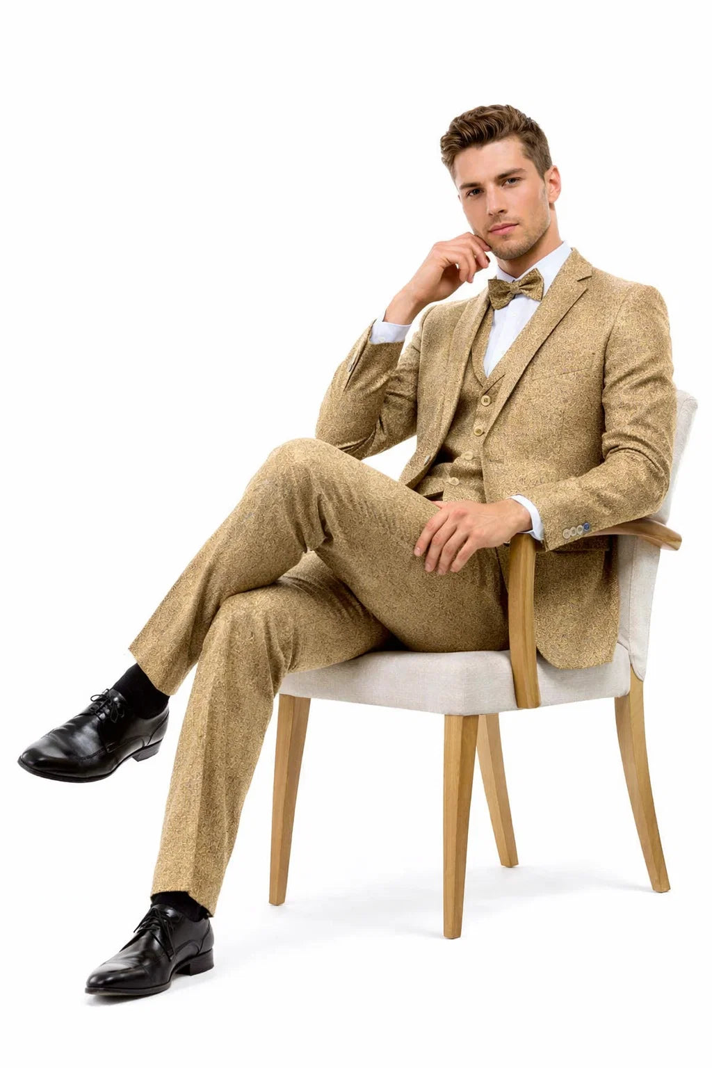 Men’s Two Button Vested Vintage Style Tweed Wedding Suit in Beige - 38 Short Jacket+32 Waist Adjustable 28to34)(Height: 5 4 to5 7 )(Neck  15-16.5)S-M)