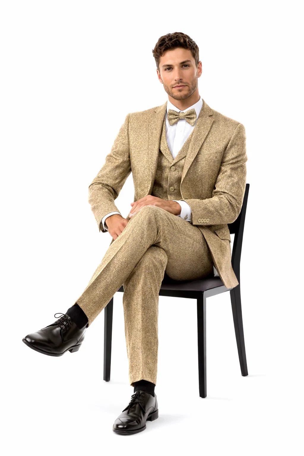 Men’s Two Button Vested Vintage Style Tweed Wedding Suit in Beige - 38 Short Jacket+32 Waist Adjustable 28to34)(Height: 5 4 to5 7 )(Neck  15-16.5)S-M)