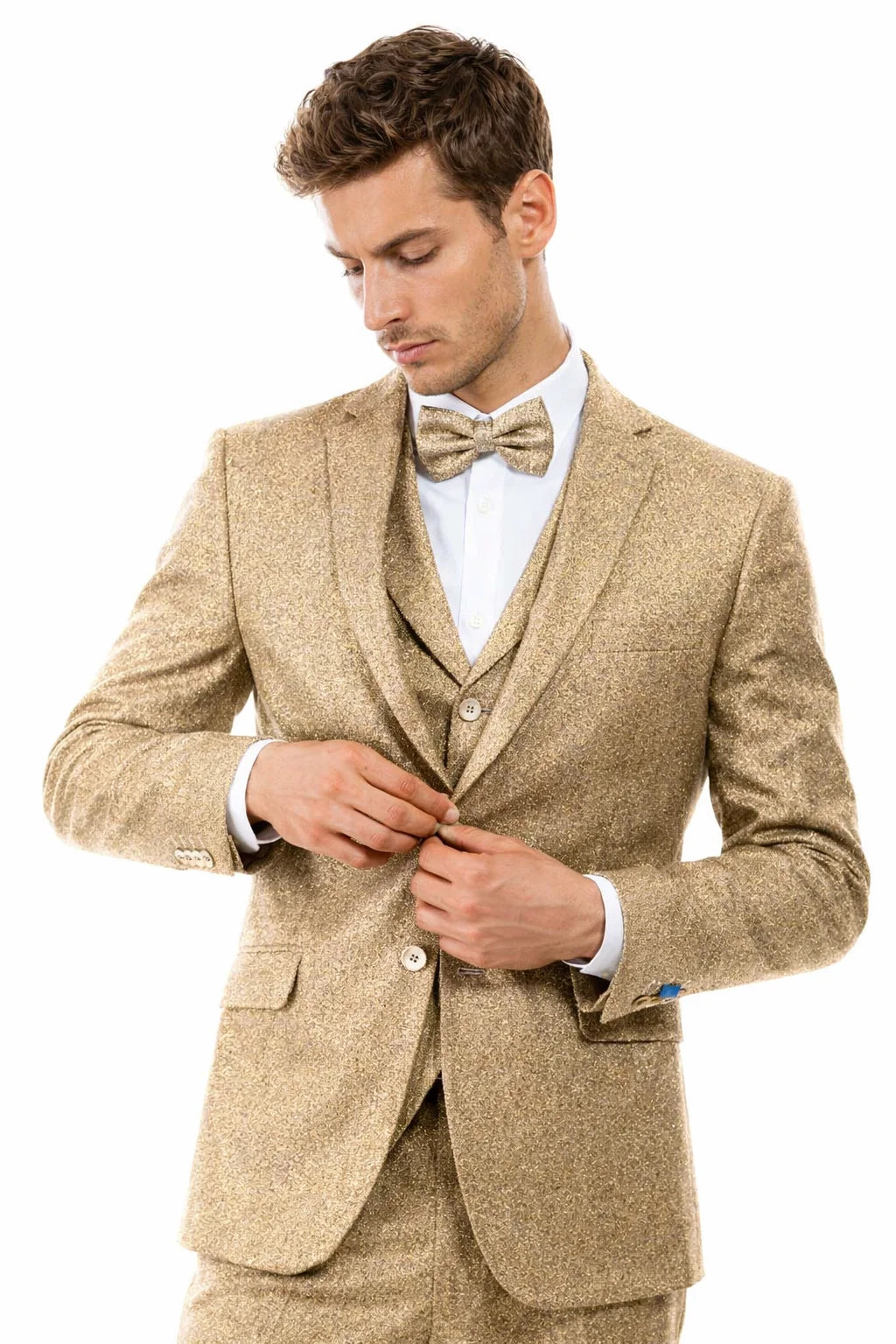 Men’s Two Button Vested Vintage Style Tweed Wedding Suit in Beige - 38 Short Jacket+32 Waist Adjustable 28to34)(Height: 5 4 to5 7 )(Neck  15-16.5)S-M)