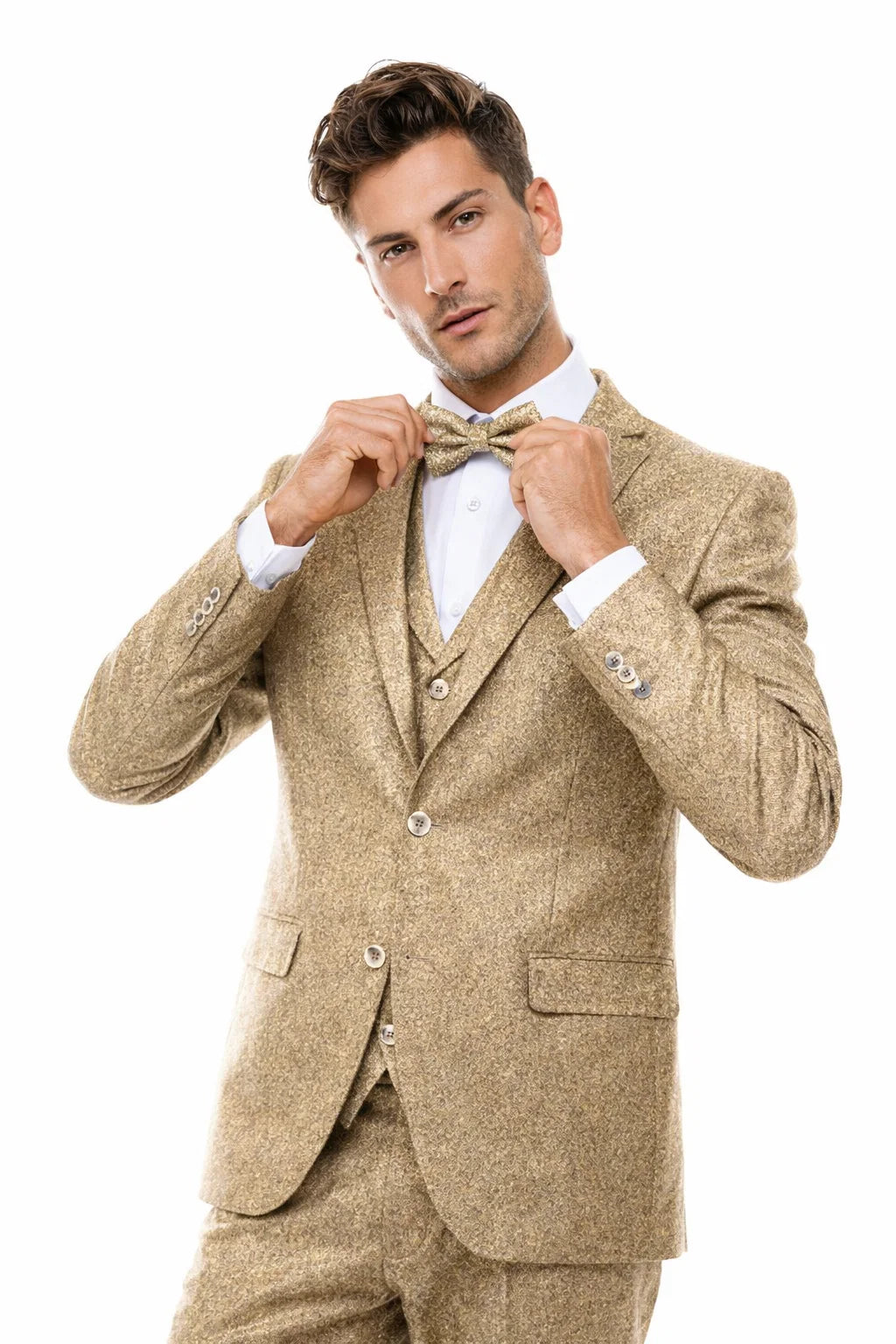 Men’s Two Button Vested Vintage Style Tweed Wedding Suit in Beige - 38 Short Jacket+32 Waist Adjustable 28to34)(Height: 5 4 to5 7 )(Neck  15-16.5)S-M)